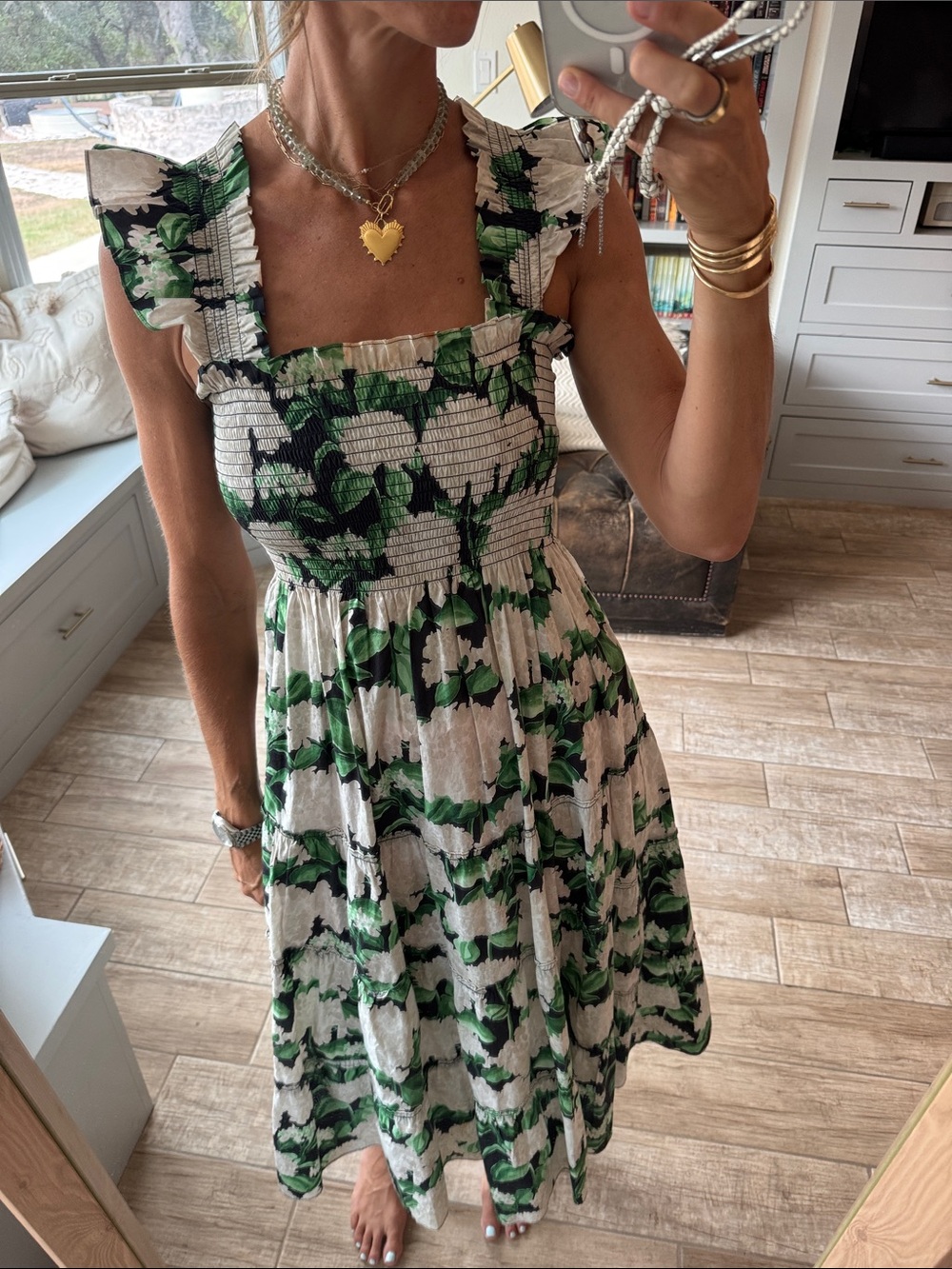 Hill House Cream and Green Floral Smocked Midi Dress